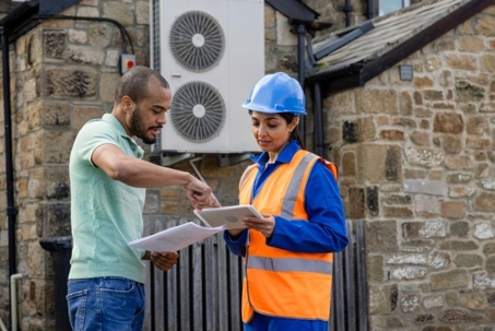 A home owner points at a paper while talking with a technician.