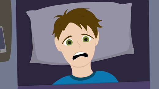 Illustration of a boy lying in bed awake, with a worried expression, seemingly unable to fall asleep.
